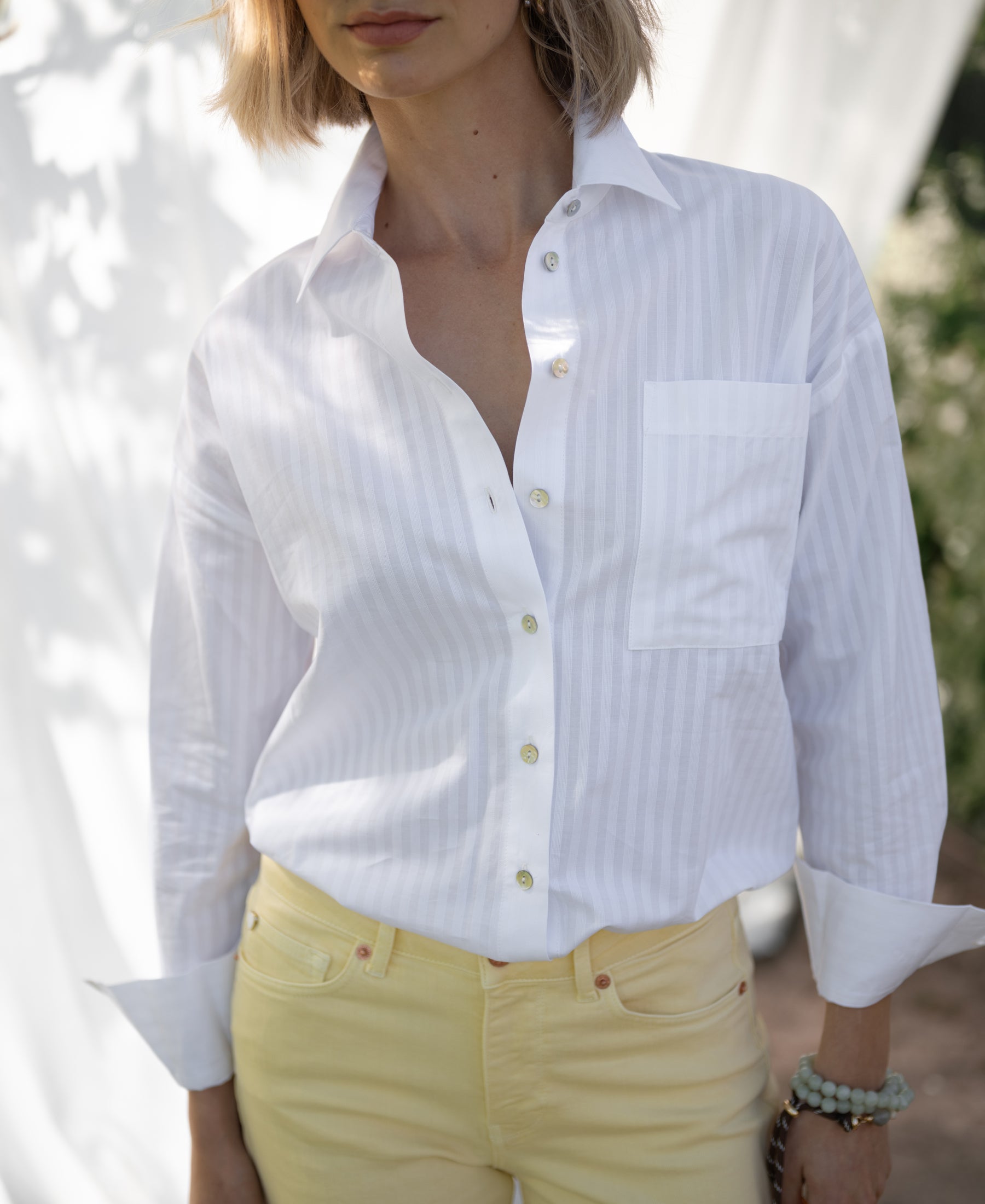 PLEIN PUBLIQUE LA PASCALLE blouse, tone-on-tone white striped.