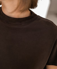 Close-up of the Ribbed High-Neck Top in chocolate color by Plein Publique.