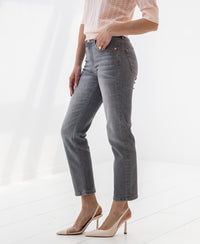 Cropped grey stonewash jeans in a relaxed fit from Plein Publique, shown on a model.