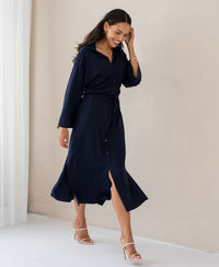 Navy blue button-down dress LE RAPHAEL by PLEIN PUBLIQUE, shown from the front.