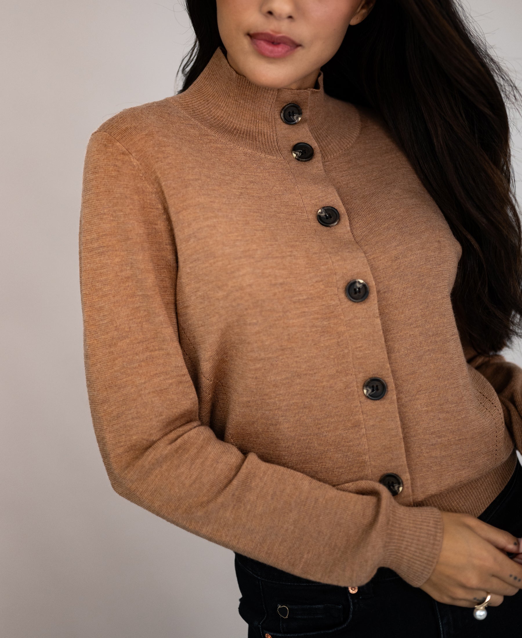Merino wool turtleneck cardigan LES SEIZE Chai tea