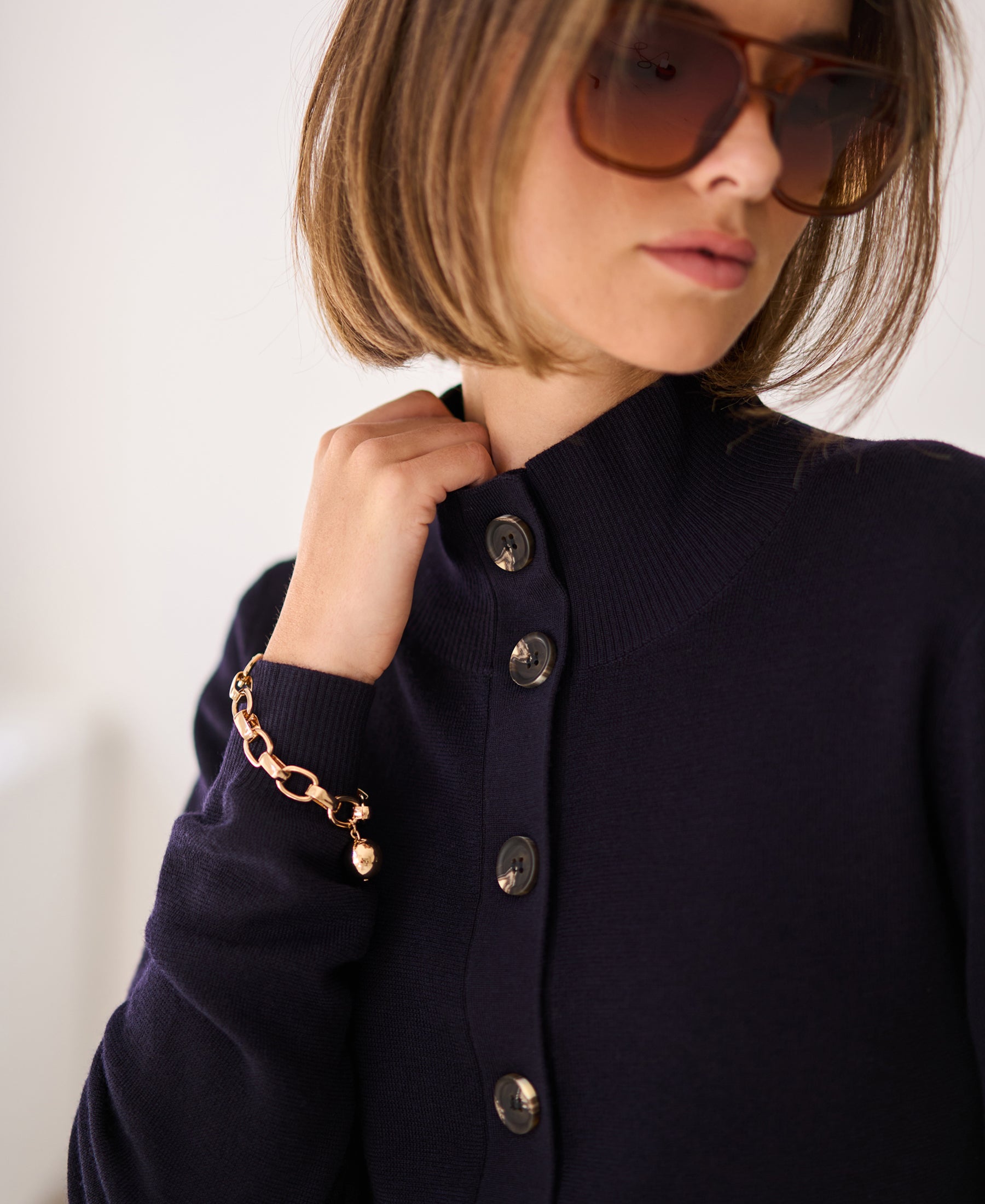 Merino wool turtleneck cardigan LES SEIZE Dark blue