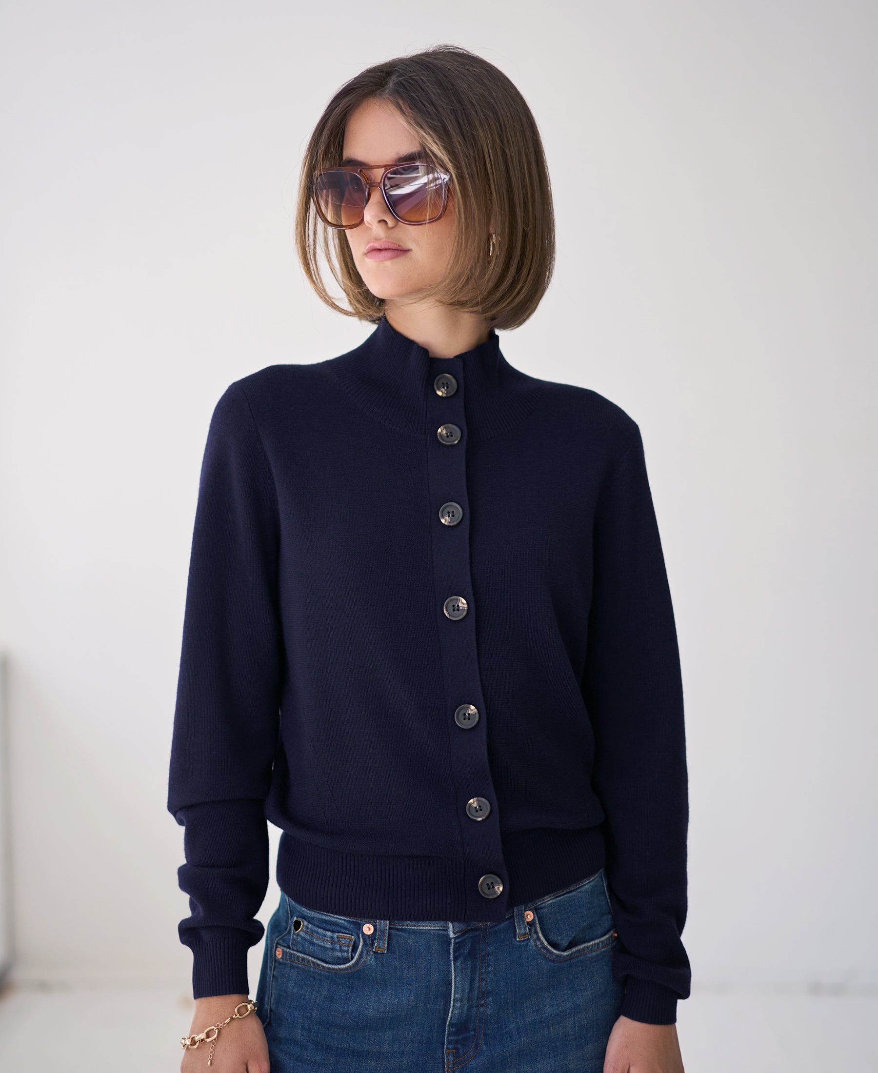 Merino wool turtleneck cardigan LES SEIZE Dark blue