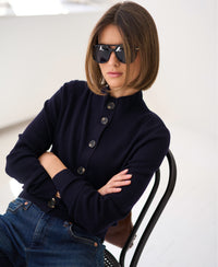Merino wool turtleneck cardigan LES SEIZE Dark blue