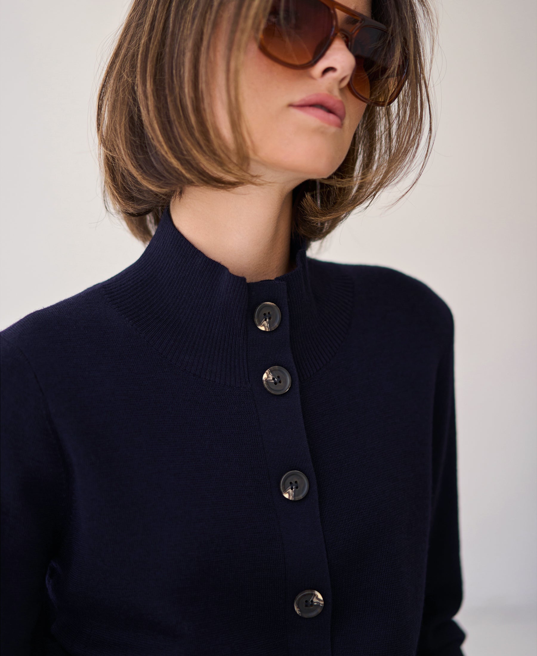 Merino wool turtleneck cardigan LES SEIZE Dark blue