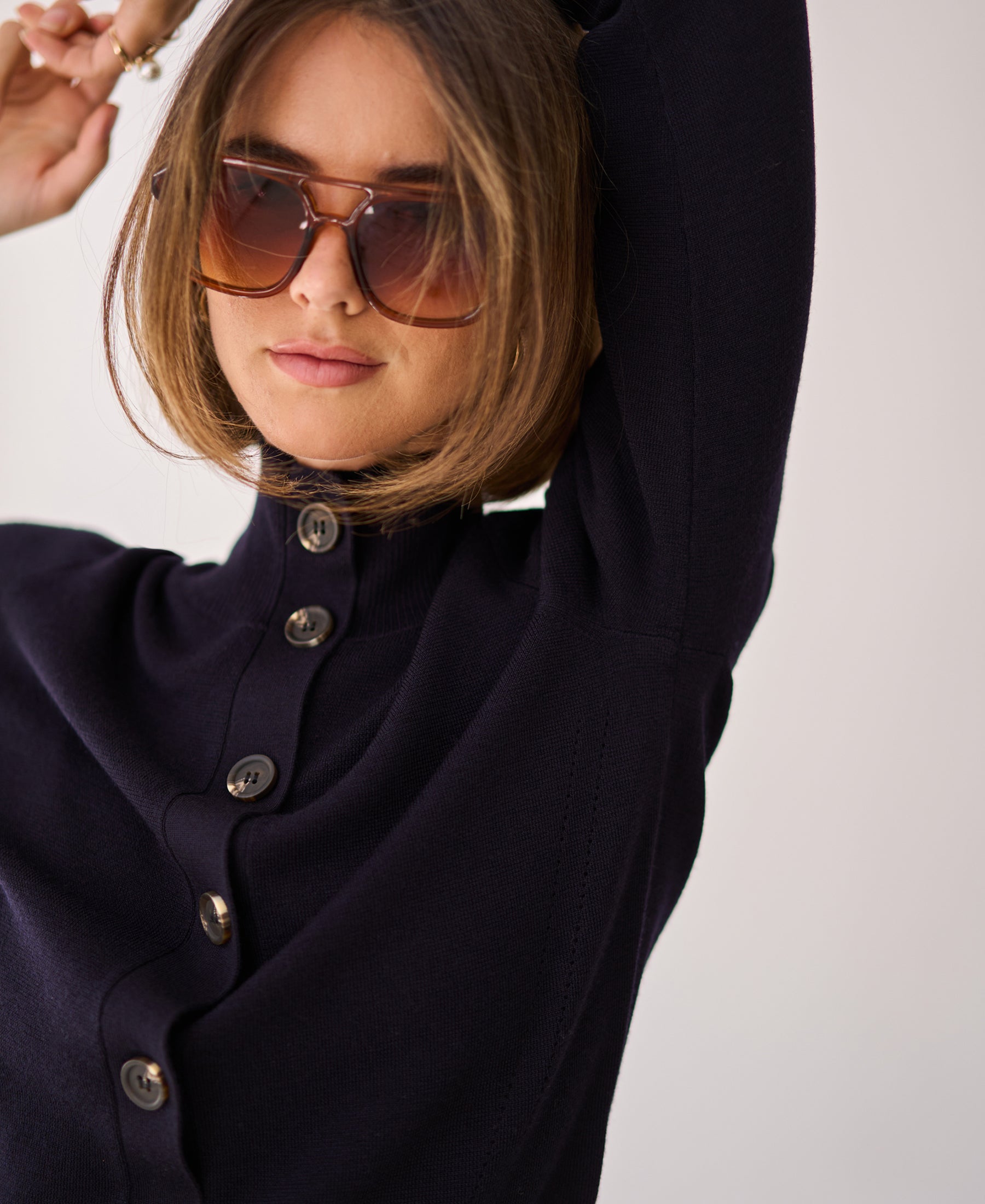 Merino wool turtleneck cardigan LES SEIZE Dark blue