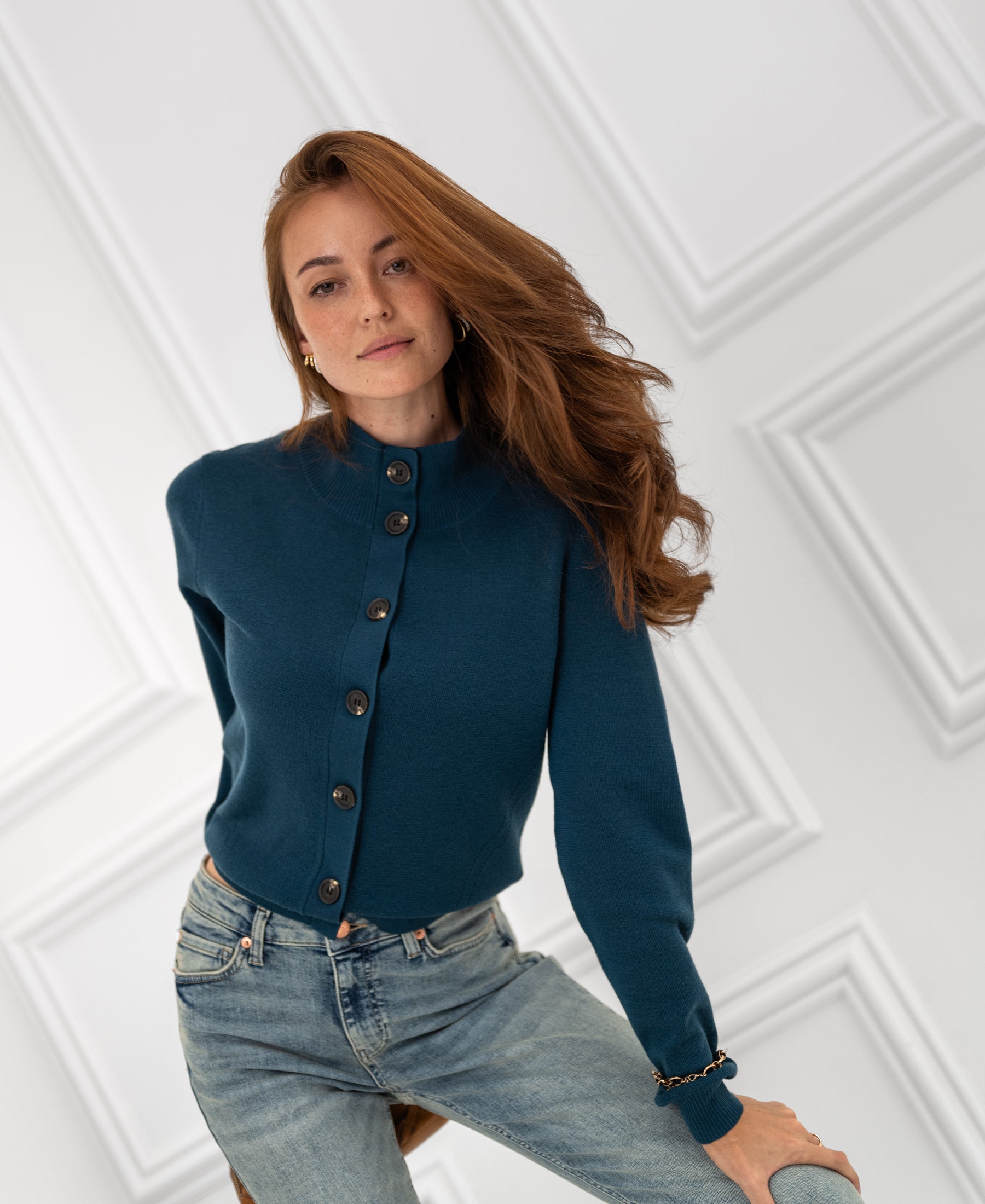 LES SEIZE Deep Sea Merino Cardigan with Turtleneck