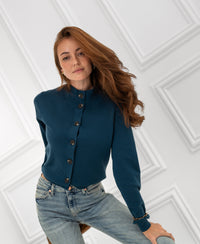 LES SEIZE Deep Sea Merino Cardigan with Turtleneck