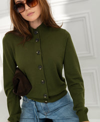 LES SEIZE Army Merino Cardigan with Turtleneck