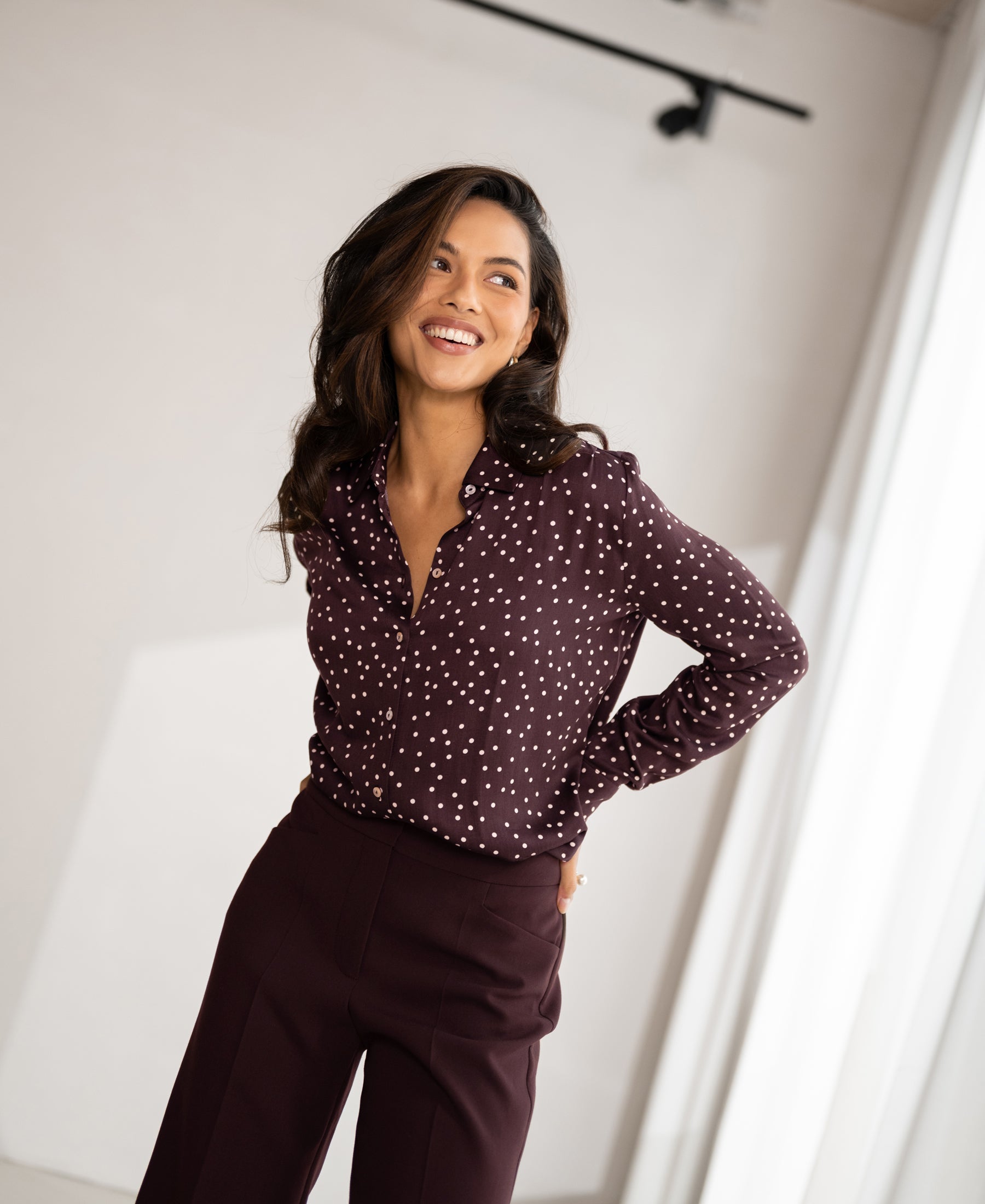 LA SEZANNE Polka-Dot Blouse, Wine Red - Ivory