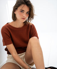 Linen summer sweater in Sierra by PLEIN PUBLIQUE seen in bright natural light.