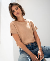 LE SOLEIL Soft Camel linen summer sweater by PLEIN PUBLIQUE shown in sunlight, front view.