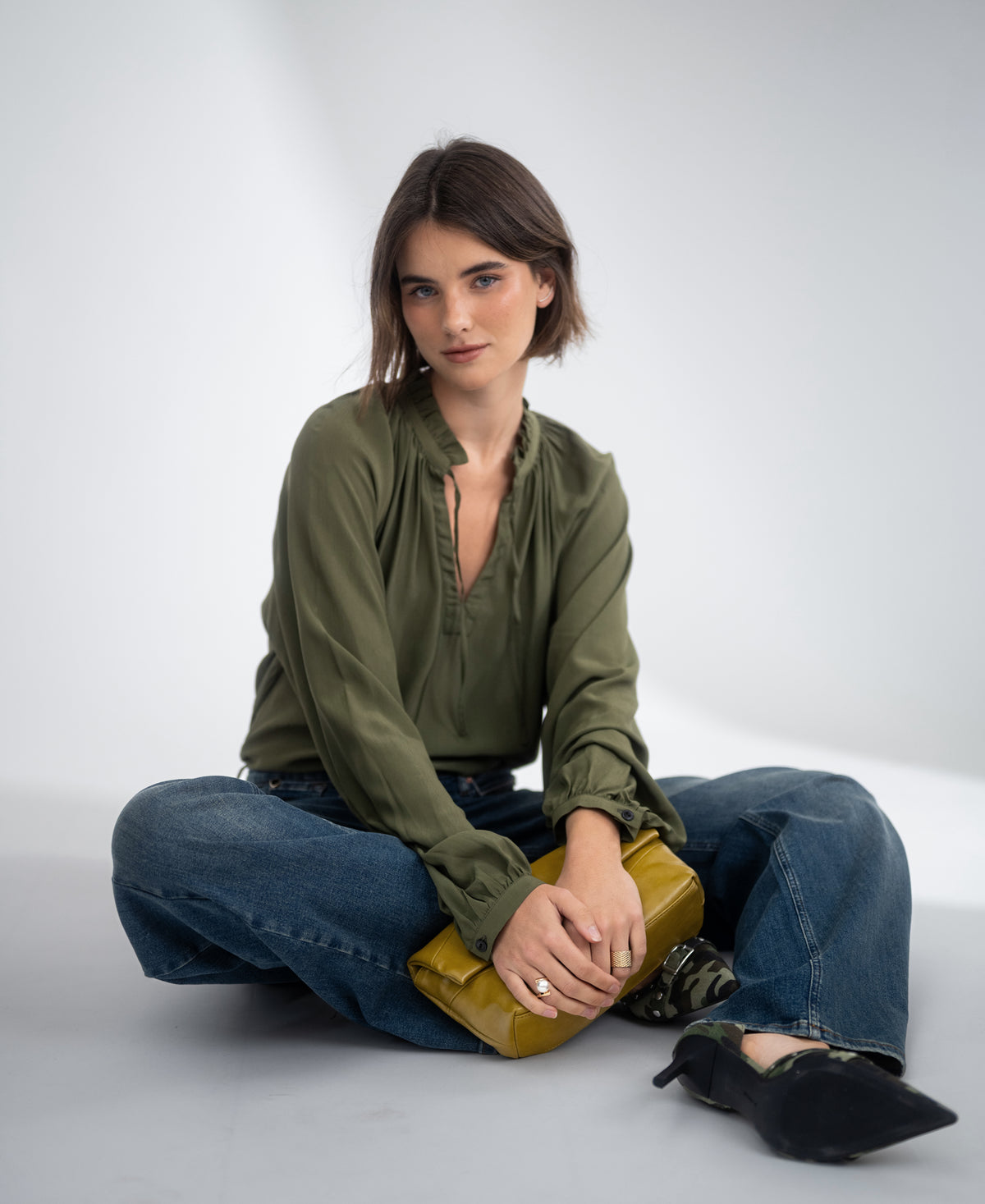 Blouse met strikkoordjes LA SOLENE Donker Olijfgroen