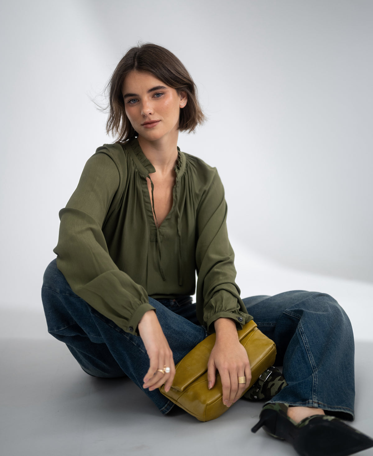 Blouse met strikkoordjes LA SOLENE Donker Olijfgroen