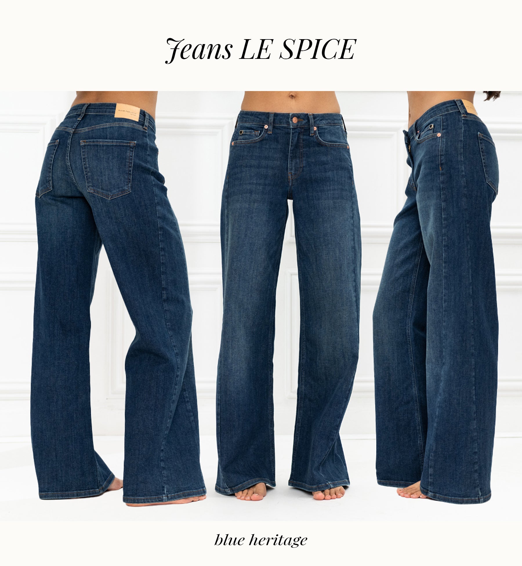 Three views of wide leg blue heritage jeans—back, front, and side—on a white background.