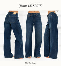 Three views of wide leg blue heritage jeans—back, front, and side—on a white background.