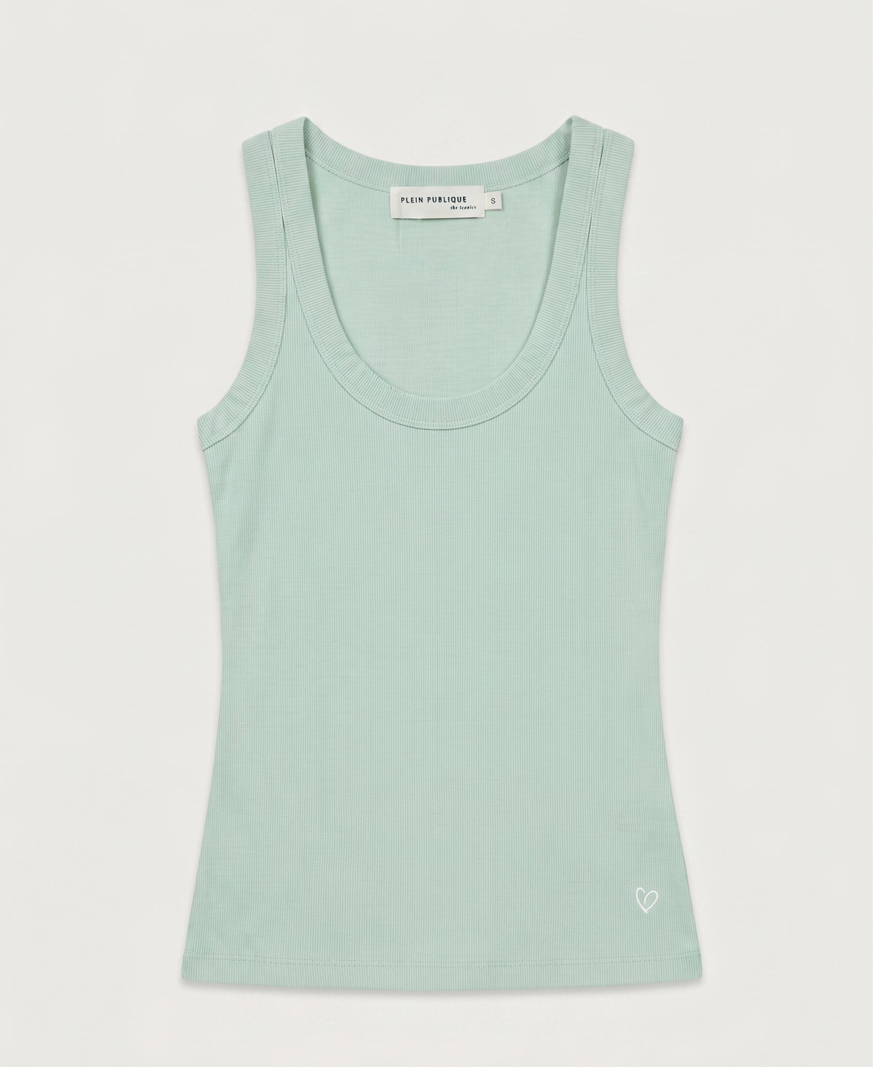 Pastel green luxe & soft top with scoop neck and small white heart near the hem.