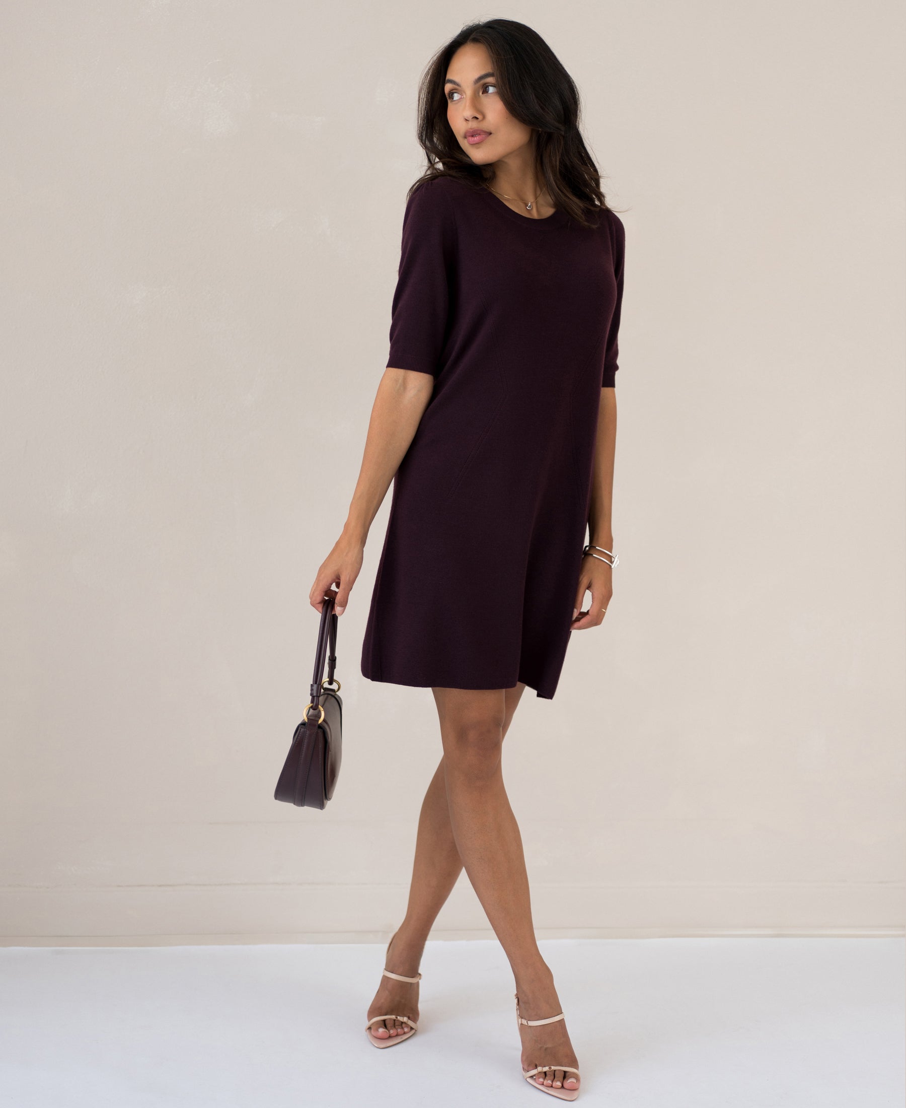 Aubergine Plein Publique merino wool dress La Twiggy shown against a plain light background.
