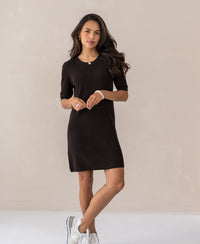 PLEIN PUBLIQUE LA TWIGGY Choco merino wool dress, shown against a beige background.