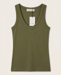 PLEIN PUBLIQUE luxury soft olive green sleeveless stretch rib jersey top, tag attached, flat lay.
