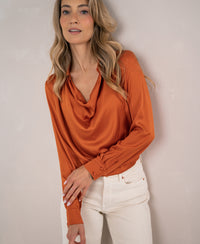 Satin stretch blouse LE VENT Terra by PLEIN PUBLIQUE shown against a light wall.