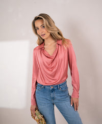 Dusty pink satin stretch blouse with long sleeves, shown from the front.