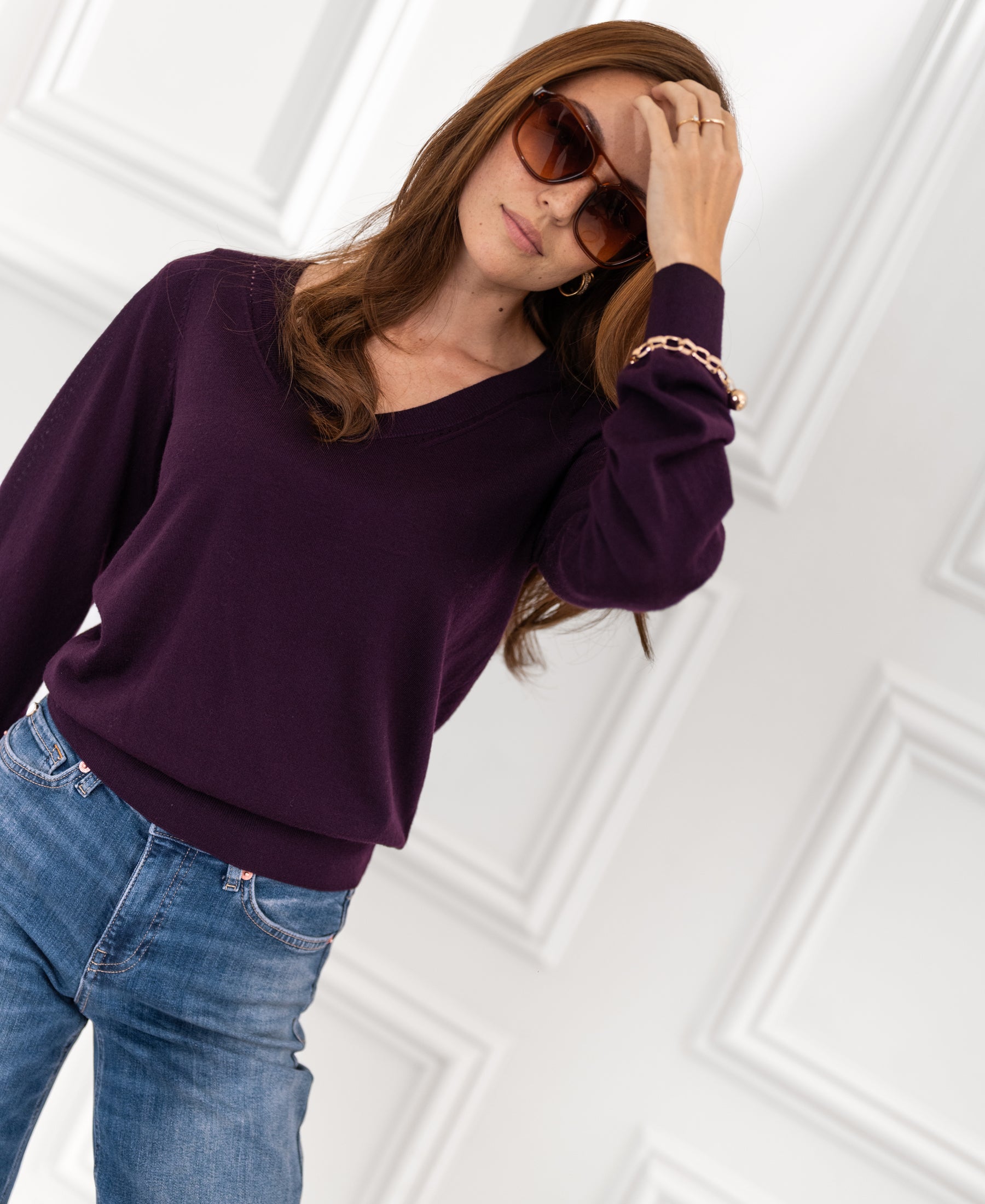 Merino V-hals trui LA VILLE Aubergine