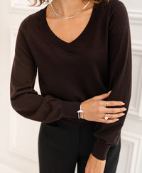Woman wearing a PLEIN PUBLIQUE Merino wool V-neck sweater in pure chocolate brown against a white background.
