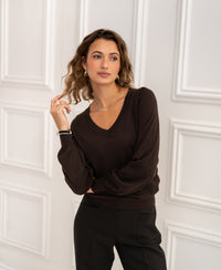 Merino wool V-neck sweater LA VILLE in pure chocolate brown by PLEIN PUBLIQUE.
