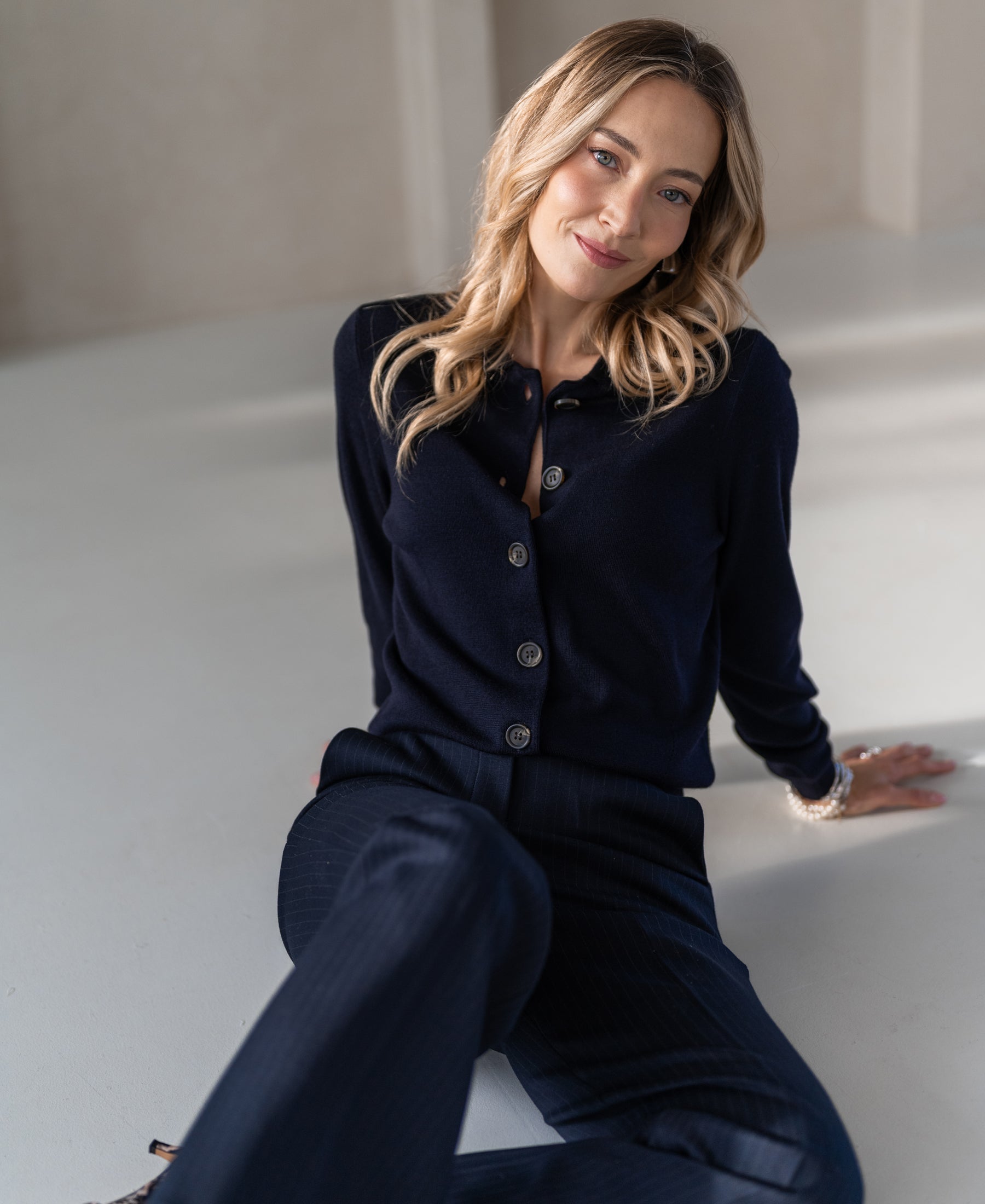 Dark blue LES VINGT polo collar cardigan by PLEIN PUBLIQUE.