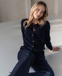 Dark blue LES VINGT polo collar cardigan by PLEIN PUBLIQUE.