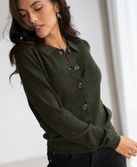 Green polo-collar sweater by PLEIN PUBLIQUE, LES VINGT style, shown on a model.