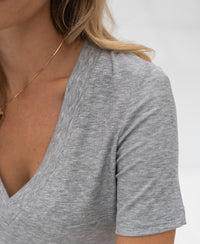 Shoulders-up view of the Lyocell gray melange T-shirt by PLEIN PUBLIQUE.