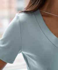 Close-up of a light blue Lyocell T-shirt.