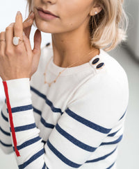 Breton sweater LELISA by PLEIN PUBLIQUE in ivory and denim blue with shoulder button details.