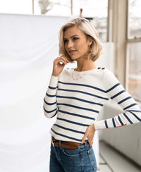 Ivory and denim blue Breton sweater LELISA by PLEIN PUBLIQUE, shown indoors.