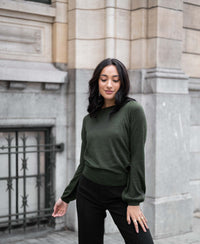 Bottlegreen merino wool sweater, front view.