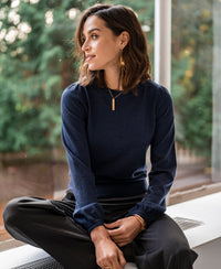 Navy blue PLEIN PUBLIQUE LA COEUR merino wool sweater, side view.
